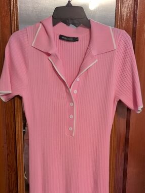 Pink Ribbed Polo Maxi Dress with Contrast Trim